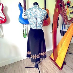 Retro Black A-Line Skirt with Embroidered Tulle Hem Sz 10/Med